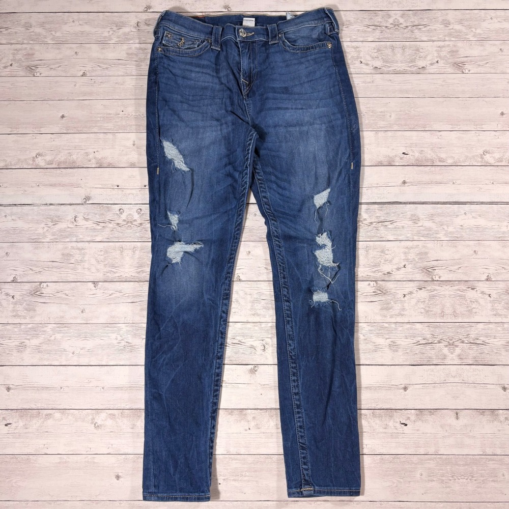 True Religion High Rise Super Skinny Distressed Jeans Indigo WBT2125MU6 Size 30